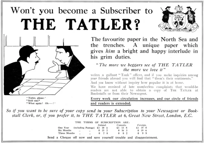 Framed Print : Become a subscriber to The Tatler, WW1 advertisement Framed Print : Become a subscriber to The Tatler, WW1 advertisement