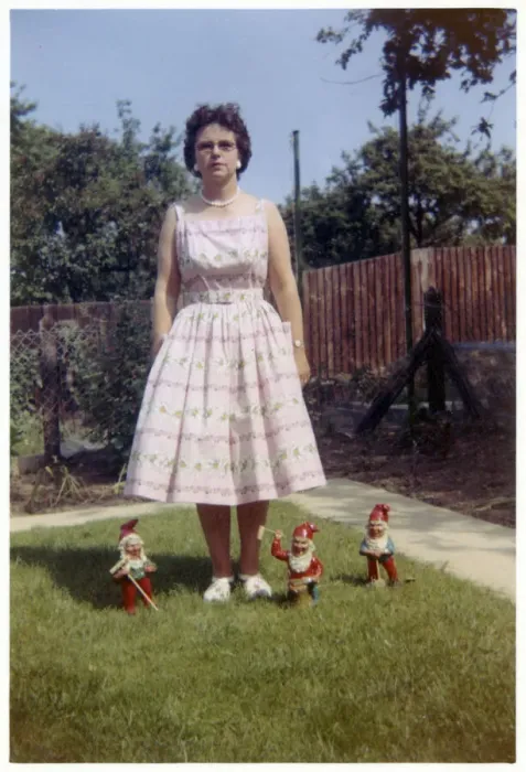 Framed Print : Suburban garden scene - lady and garden gnomes Framed Print : Suburban garden scene - lady and garden gnomes