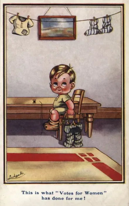 Framed Print : Suffragette Boy On Chair Sewing Framed Print : Suffragette Boy On Chair Sewing