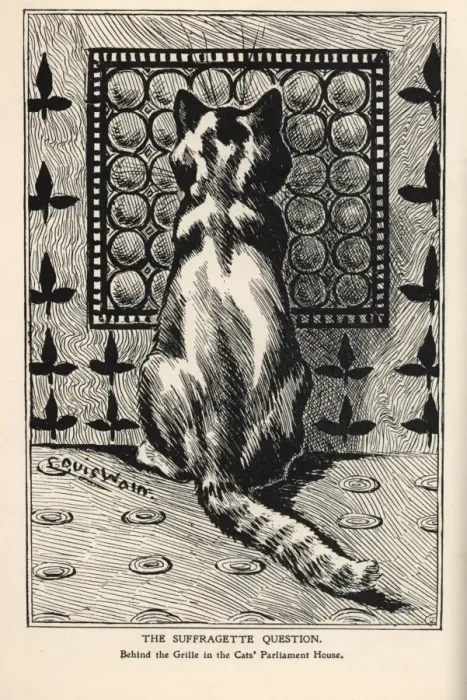 Framed Print : Suffragette Cat Behind the Grille Framed Print : Suffragette Cat Behind the Grille
