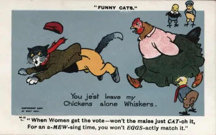 Framed Print : Suffragette Chicken Chases Cat Framed Print : Suffragette Chicken Chases Cat
