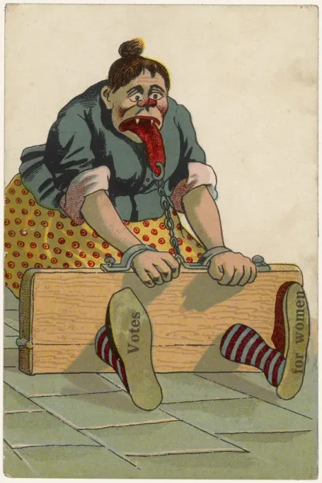 Framed Print : Suffragette woman in the stocks, unsympathetic cartoon Framed Print : Suffragette woman in the stocks, unsympathetic cartoon