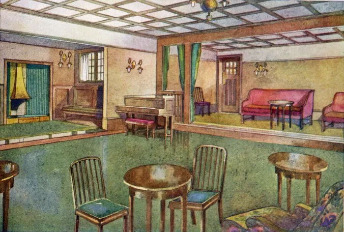 Framed Print : Suggestion for decor and layout of a tea room and club room in the 1900s. Date: 1909 Framed Print : Suggestion for decor and layout of a tea room and club room in the 1900s. Date: 1909