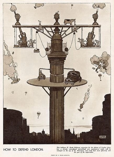 Suggestion by William Heath Robinson for defence of London, a spinning platform land with camouflaged anti-aircraft guns. Date: 1941