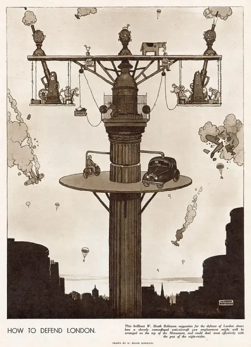 Framed Print : Suggestion by William Heath Robinson for defence of London, a spinning platform land with camouflaged anti-aircraft guns. Date: 1941 Framed Print : Suggestion by William Heath Robinson for defence of London, a spinning platform land with camouflaged anti-aircraft guns. Date: 1941