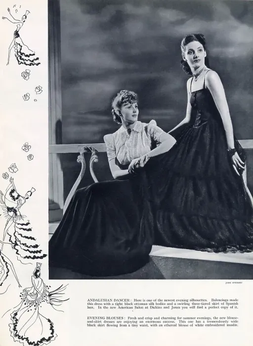 Framed Print : Two suggestions for evening wear by Balenciaga reminiscent of an Andalusian dancer. On the right, a dress comprising a tight black, ottoman silk bodice with a swirling three-tier skirt of Spanish lace Framed Print : Two suggestions for evening wear by Balenciaga reminiscent of an Andalusian dancer. On the right, a dress comprising a tight black, ottoman silk bodice with a swirling three-tier skirt of Spanish lace