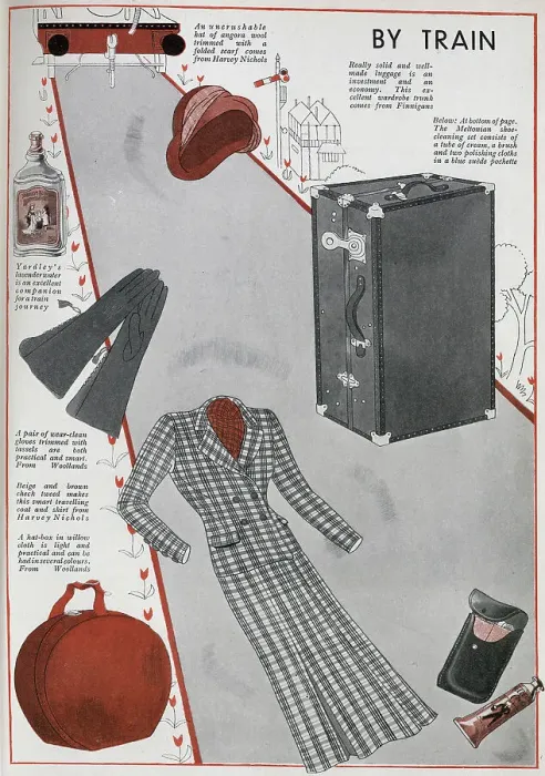 Framed Print : Suggestions for hats, luggage, fashions and accessories to take on a train journey. Date: 1932 Framed Print : Suggestions for hats, luggage, fashions and accessories to take on a train journey. Date: 1932
