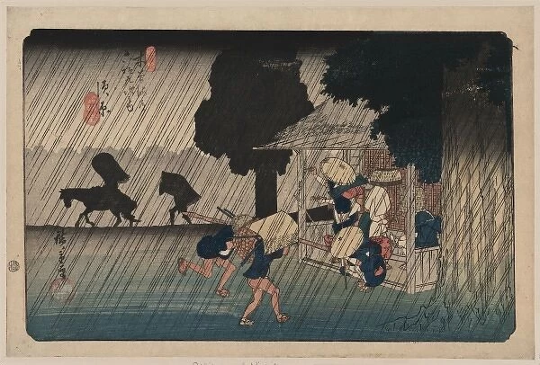 Suhara. Print shows people caught in a rain storm running for shelter