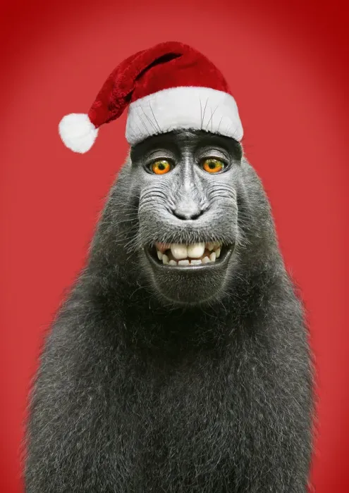 Framed Print : Sulawesi crested black macaque, wearing Christmas Framed Print : Sulawesi crested black macaque, wearing Christmas