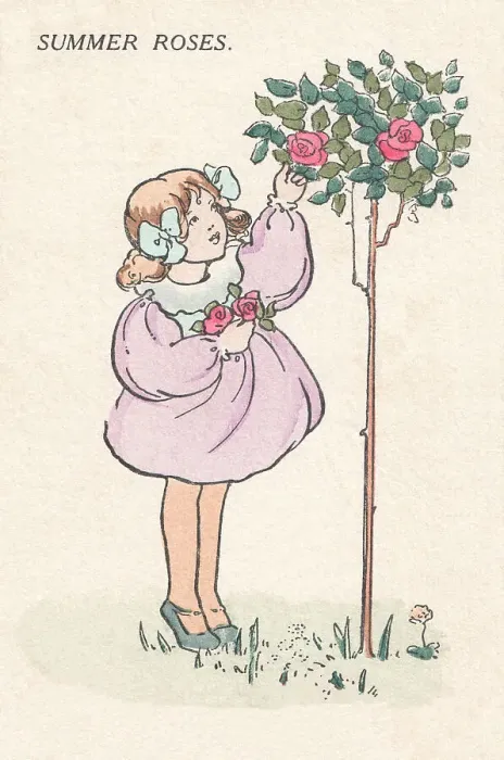 Framed Print : Summer. Plucking roses from a bush. Artist: Anne Anderson Date: circa 1917 Framed Print : Summer. Plucking roses from a bush. Artist: Anne Anderson Date: circa 1917