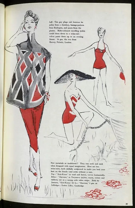 Framed Print : Summer fashion ideas for women: a plage suit with a lozenge-patterned jerkin, and two swimsuits. Date: 1954 Framed Print : Summer fashion ideas for women: a plage suit with a lozenge-patterned jerkin, and two swimsuits. Date: 1954