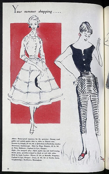 Summer fashion separates for women: a poplin skirt with a sweater, and a poplin top with striped jeans Date: 1954
