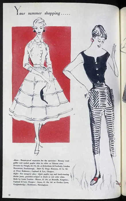 Framed Print : Summer fashion separates for women: a poplin skirt with a sweater, and a poplin top with striped jeans Date: 1954 Framed Print : Summer fashion separates for women: a poplin skirt with a sweater, and a poplin top with striped jeans Date: 1954