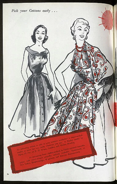 Summer fashions for women: a canoe-necked poplin dress from Bijou, and a halter-necked Paisley dress in marcella pique from Rembrandt. Date: 1954