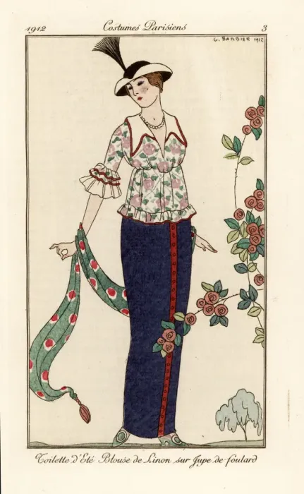 Framed Print : Summer outfit with floral linen blouse and foulard skirt