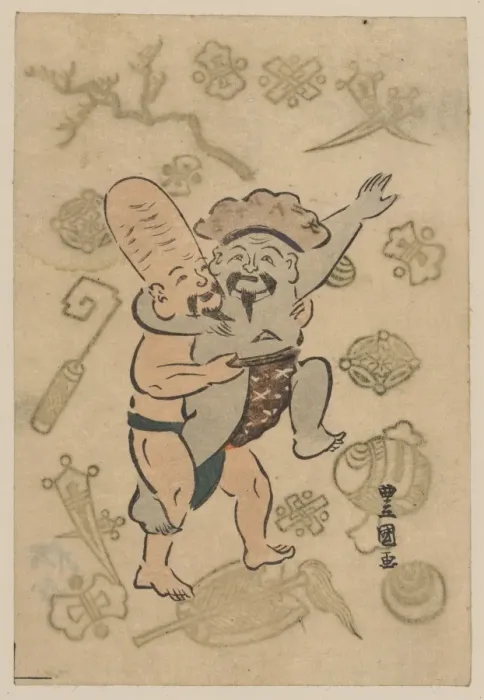 Framed Print : Sumo match between Daikoku and Fukurokuju Framed Print : Sumo match between Daikoku and Fukurokuju