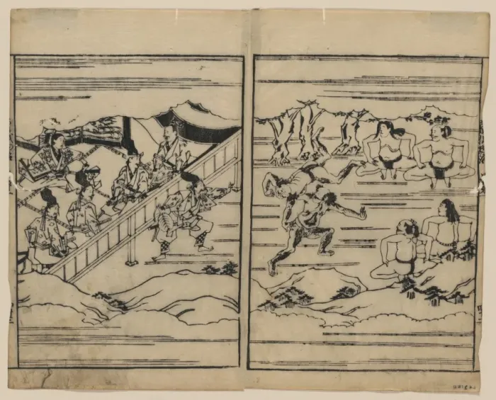 Framed Print : Sumo. Print showing scenes related to the Soga family. Date 16-- Framed Print : Sumo. Print showing scenes related to the Soga family. Date 16--