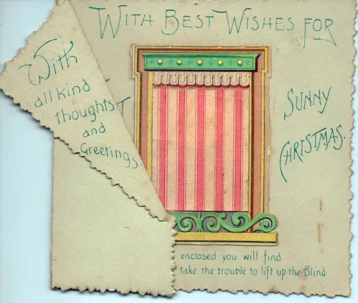 Framed Print : Sun blind with comic verse on a Christmas card Framed Print : Sun blind with comic verse on a Christmas card