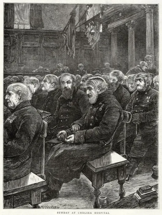Framed Print : Sunday at Chelsea the Royal Hospital Chelsea. With limited number of men receiving Framed Print : Sunday at Chelsea the Royal Hospital Chelsea. With limited number of men receiving