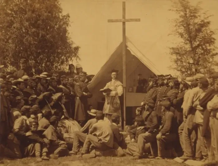 Framed Print : Sunday morning mass in camp of 69th NYS. M Framed Print : Sunday morning mass in camp of 69th NYS. M