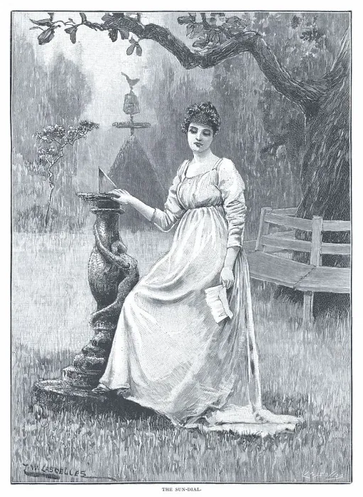 Framed Print : Sundial. Visual metaphor for a woman let down in love, standing by a sundial Framed Print : Sundial. Visual metaphor for a woman let down in love, standing by a sundial