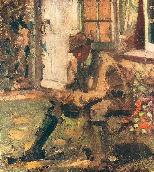 Sunlight. A portrait oil painting of a gentleman sat in the front garden