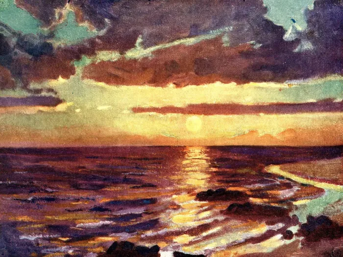 Framed Print : Sunset. A seascape oil painting of a sunset over a broad sea view Framed Print : Sunset. A seascape oil painting of a sunset over a broad sea view