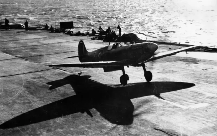 Framed Print : Supermarine Seafire III casting a long shadow on carrie Framed Print : Supermarine Seafire III casting a long shadow on carrie