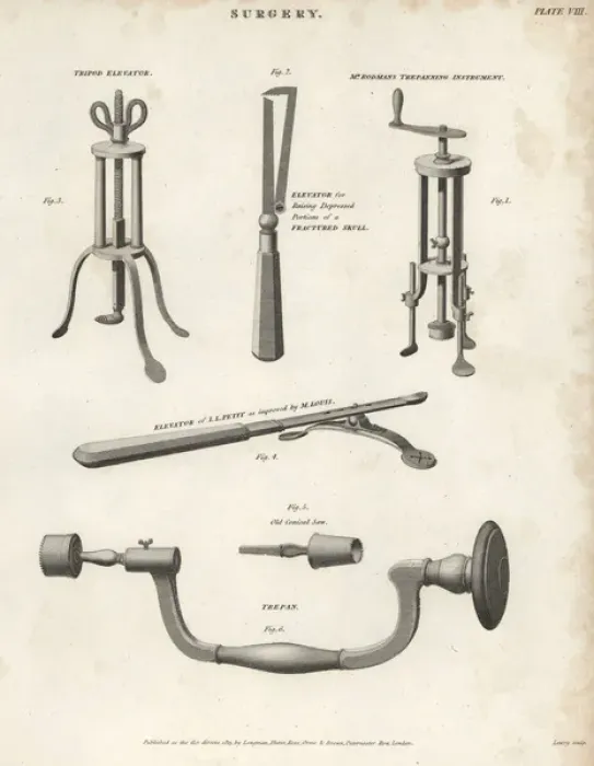 Framed Print : Surgical equipment including elevator and trepans, 19thC
