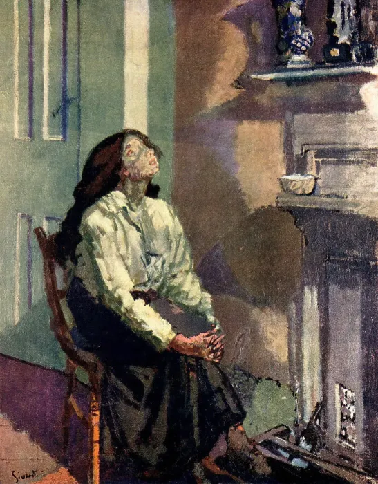 Framed Print : Suspense. This painting depicts a girl, eagerly sat on a chair in a living room Framed Print : Suspense. This painting depicts a girl, eagerly sat on a chair in a living room