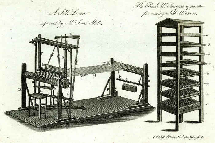 Framed Print : Swayne's apparatus for rearing silk worms, and a silk loom Framed Print : Swayne's apparatus for rearing silk worms, and a silk loom