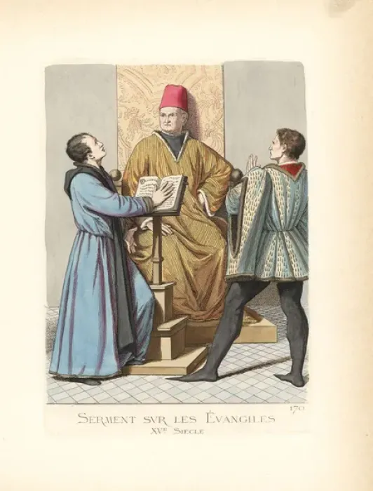 Framed Print : Swearing an oath on the Bible, 15th century Framed Print : Swearing an oath on the Bible, 15th century