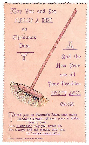 Sweeping brush with comic verse on a Christmas card