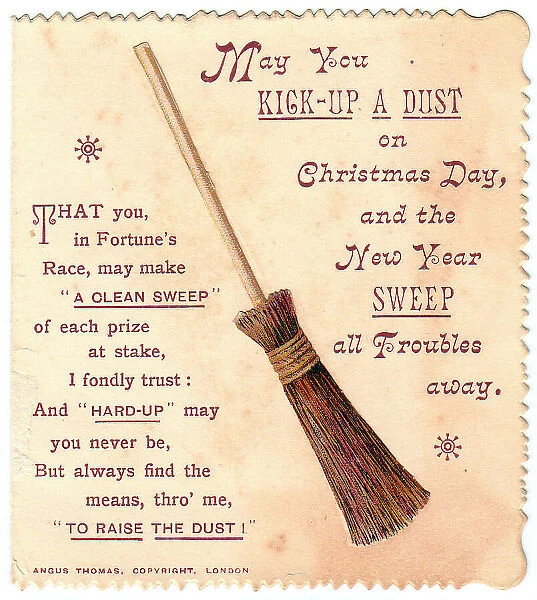 Sweeping brush with comic verse on a Christmas card
