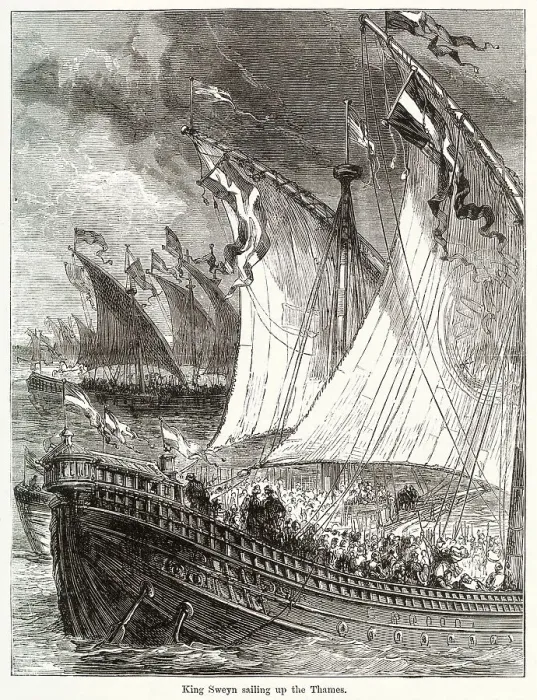 Framed Print : Sweyn I, King of Denmark and Olaf King of Norway invading London. Excited by the success of their subjects and the immense amount of plunder they brought home from England, determined on joining their forces and attacking the island Framed Print : Sweyn I, King of Denmark and Olaf King of Norway invading London. Excited by the success of their subjects and the immense amount of plunder they brought home from England, determined on joining their forces and attacking the island