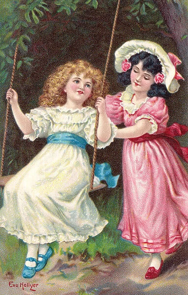Swinging. Young Victorian girl in a white dress with blue sash riding on a swing