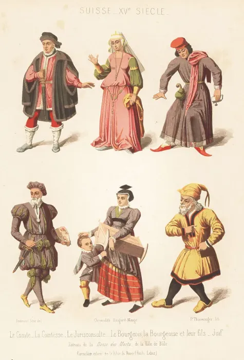 Framed Print : Swiss costumes from La Danse des Morts, 15th century Framed Print : Swiss costumes from La Danse des Morts, 15th century
