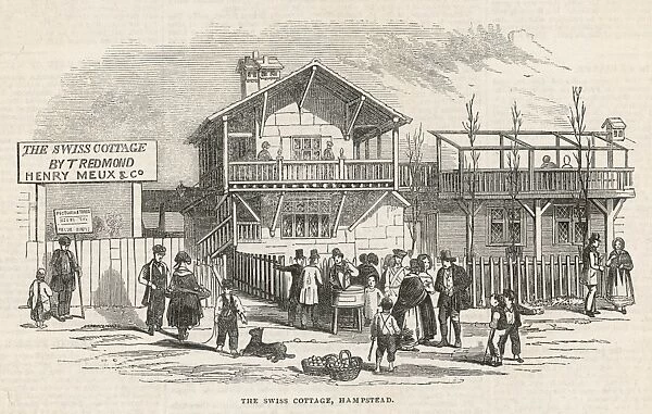 Swiss Cottage 1845. The Swiss Cottage, with street traders milling around outside