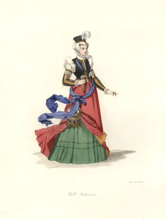 Framed Print : Swiss lady, 16th century, in bodice and silk Framed Print : Swiss lady, 16th century, in bodice and silk