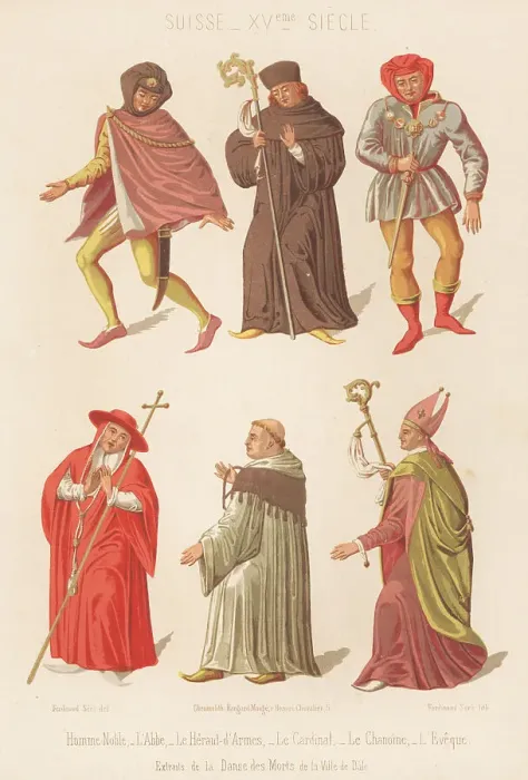 Framed Print : Swiss male costumes from La Danse des Morts, 15th century Framed Print : Swiss male costumes from La Danse des Morts, 15th century