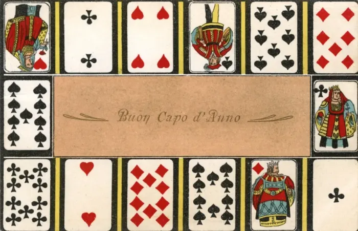 Framed Print : Swiss New Years card featuring a variety of playing cards Framed Print : Swiss New Years card featuring a variety of playing cards