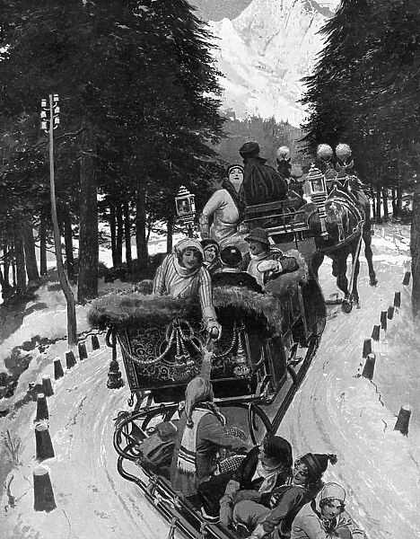 Swiss Winter Tailing scene with horse-drawn sledge