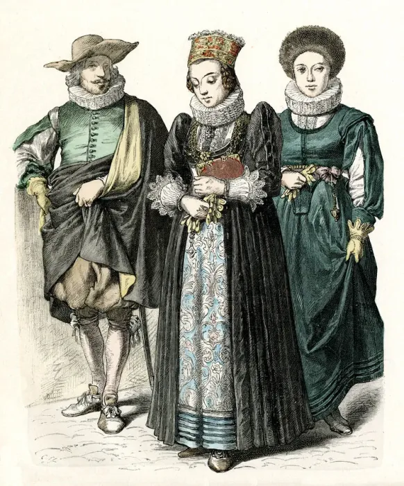 Framed Print : Two Swiss women and a man in costume Framed Print : Two Swiss women and a man in costume