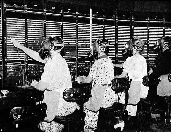 Switchboard operators wearing gas-masks