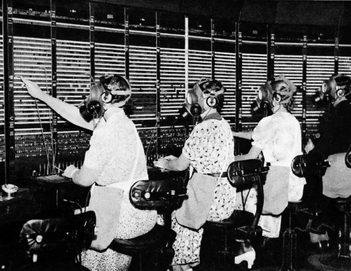 Framed Print : Switchboard operators wearing gas-masks Framed Print : Switchboard operators wearing gas-masks