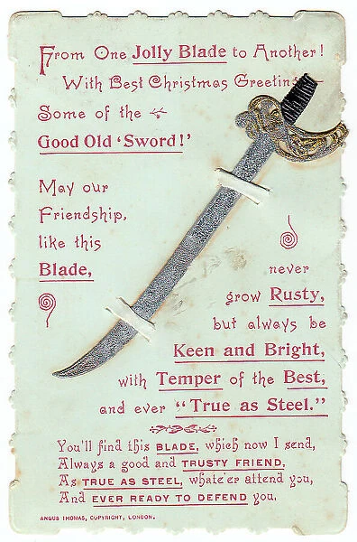 Sword with comic verse on a Christmas card