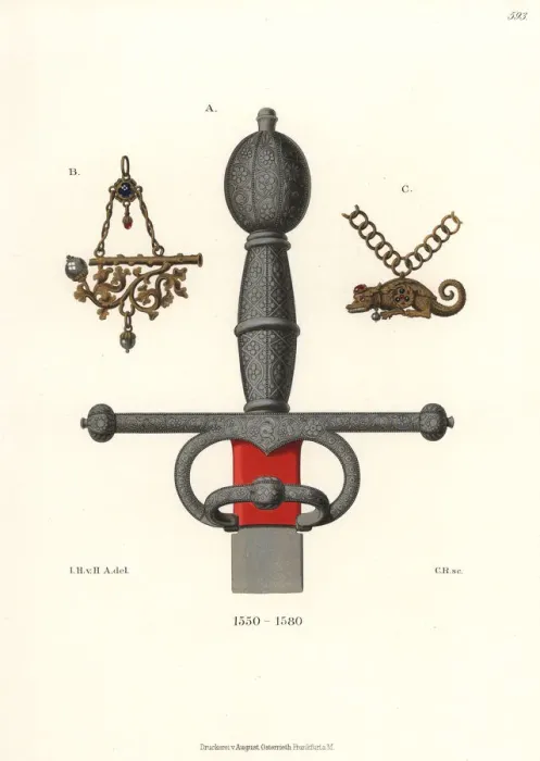 Framed Print : Sword hilt and gilt hunting pipes, Germany, 16th century Framed Print : Sword hilt and gilt hunting pipes, Germany, 16th century
