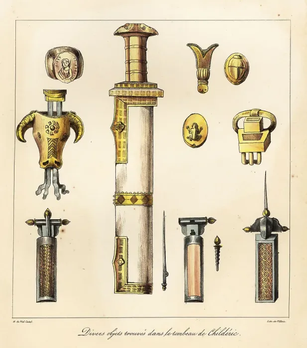 Framed Print : Sword, scabbard, signet ring, buckle from the tomb of Childeric Framed Print : Sword, scabbard, signet ring, buckle from the tomb of Childeric