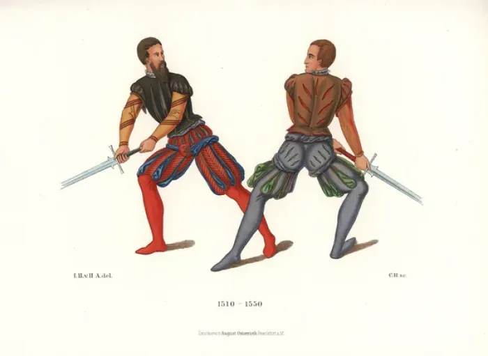 Framed Print : Swordfight by fencers with two-handed swords, 16th century Framed Print : Swordfight by fencers with two-handed swords, 16th century