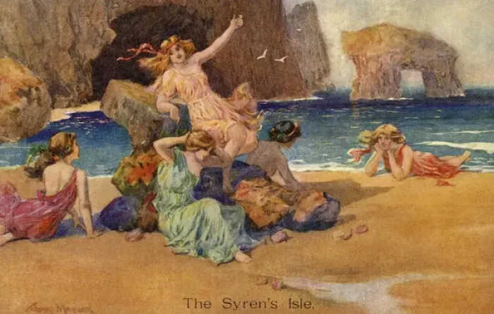 Framed Print : Syrens cavorting on a beach of The Syrens Isle to attract unwary sailors. Date: circa 1913 Framed Print : Syrens cavorting on a beach of The Syrens Isle to attract unwary sailors. Date: circa 1913